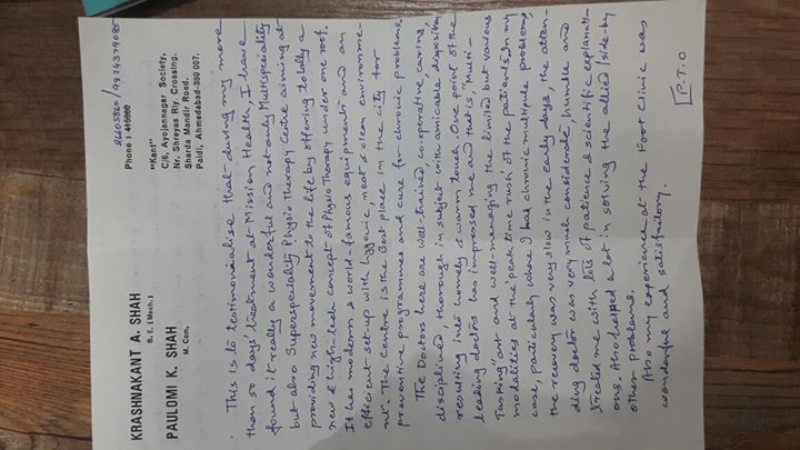 Such micro observation by the patient # MissionHealth Ahmedabad team is totally dedicated for excellent physiotherapy services delivery # Testimony of Trust.